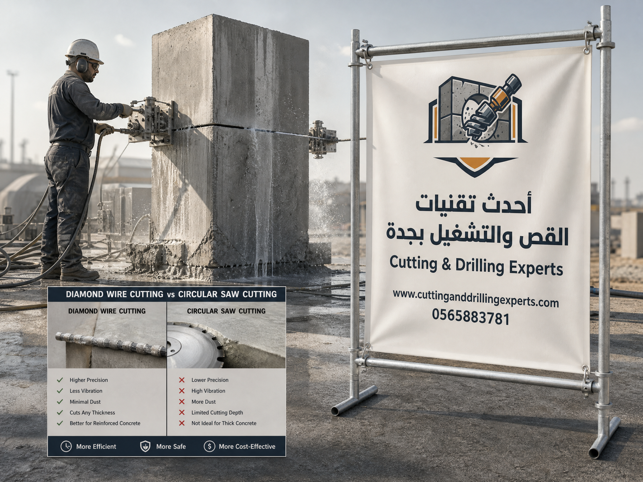 مقارنة بين قص الخرسانة بالمنشار والقص الماسي في جدة باستخدام Wall Saw وWire Saw وFloor Saw