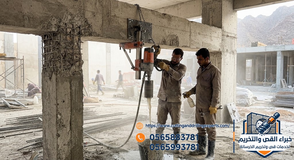 تحديد موقع فتحة الكور قبل تخريم الكمرة الخرسانية بالطائف