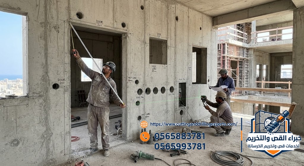 تخريم وقص الخرسانة أثناء مراحل البناء في جدة قبل أعمال التشطيب