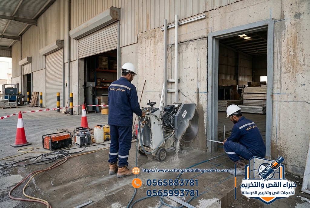 قص الجدران الخرسانية بجدة لتوسعة مداخل الشاحنات ومعدات النقل