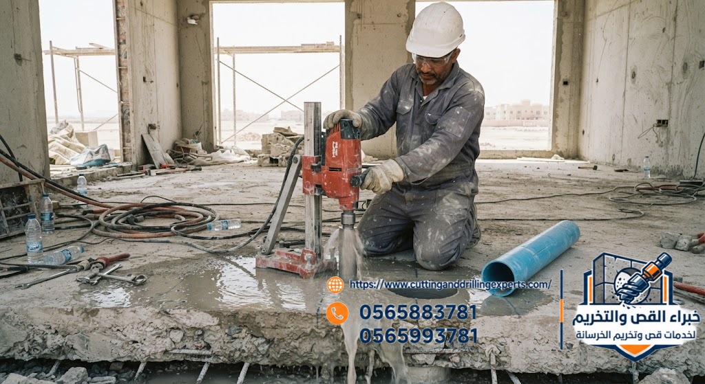 فتح فتحات في الخرسانة لتمرير مواسير المياه بجدة