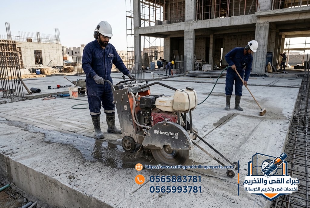 استخدام المنشار الأرضي الماسي في قص الأرضيات الخرسانية بالقنفذة
