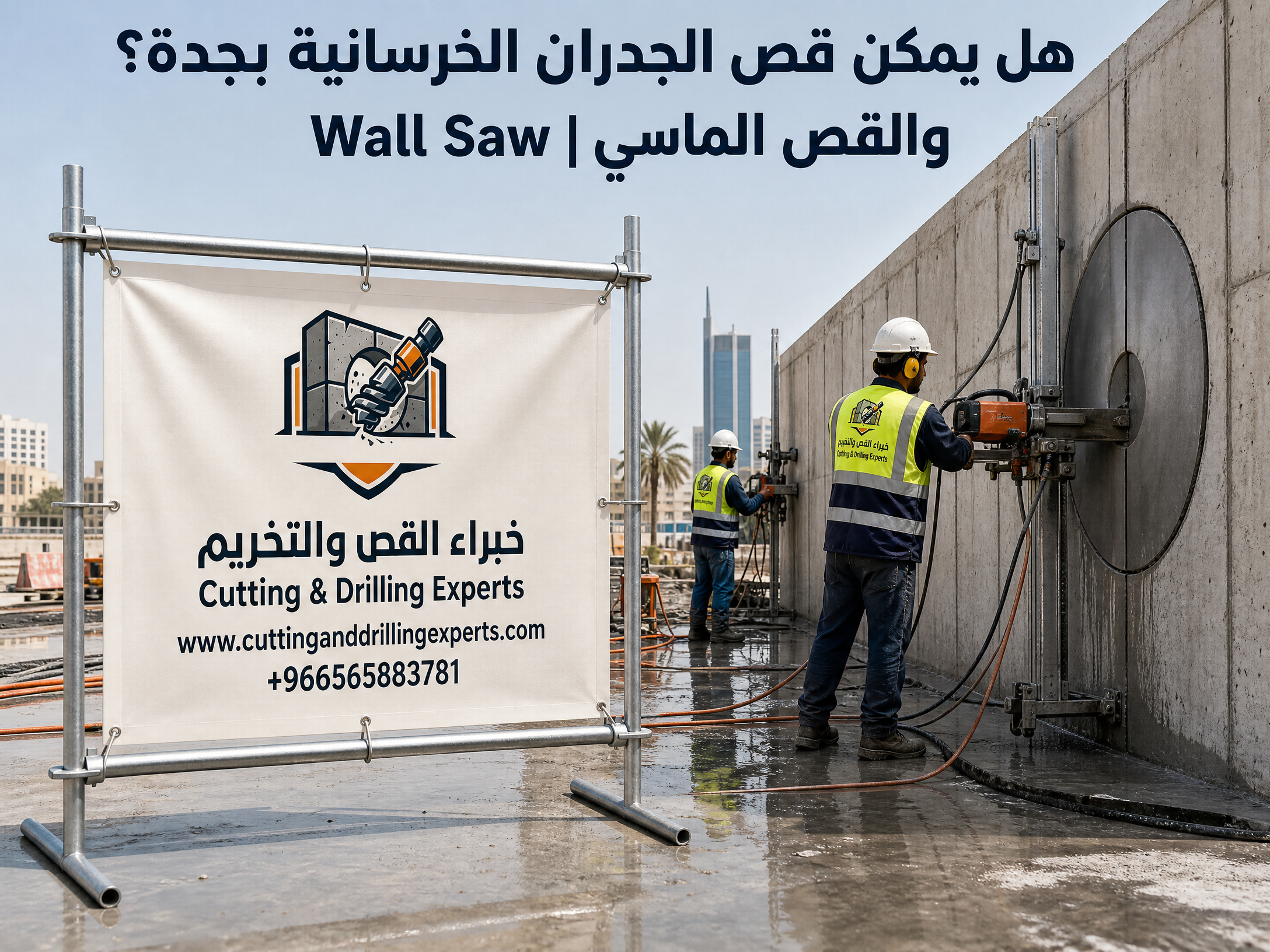 قص الجدران الخرسانية المسلحة بجدة باستخدام Wall Saw والشفرة الماسية لفتح الأبواب والنوافذ بدقة