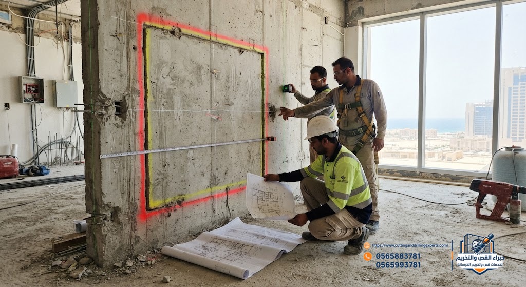 فحص مكان فتحة الخرسانة قبل القص والتخريم بجدة