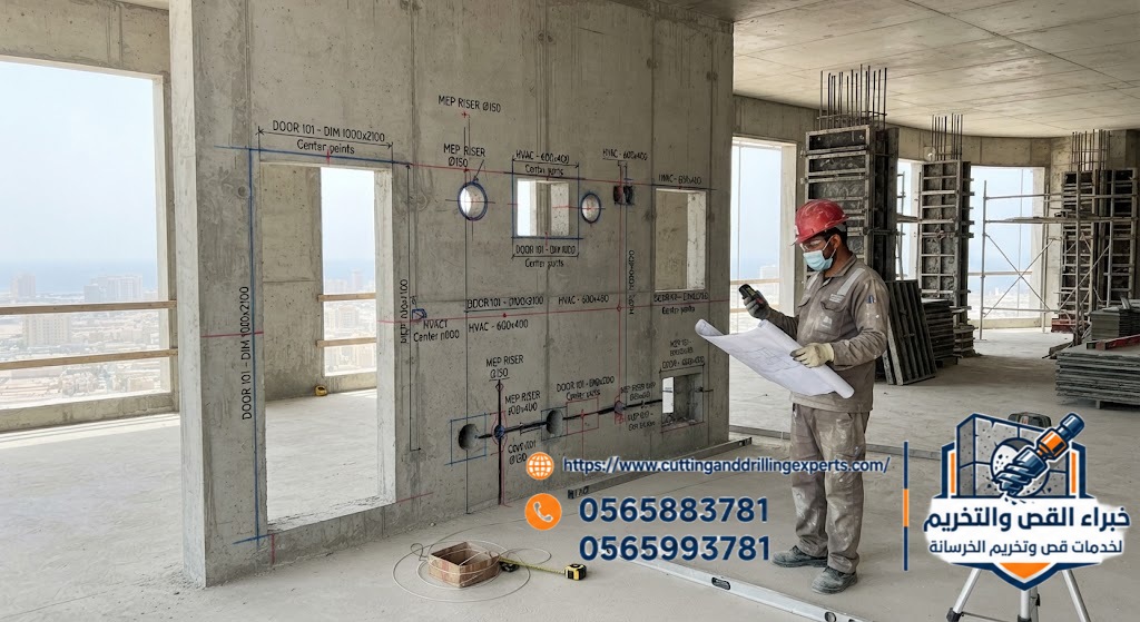 مراجعة مواقع فتحات الخدمات في الخرسانة بجدة قبل القص والتخريم