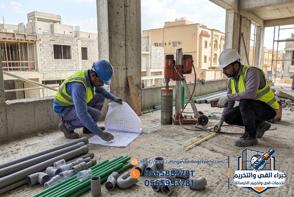تحديد مراكز فتحات مواسير المياه والصرف قبل تخريم الخرسانة بجدة