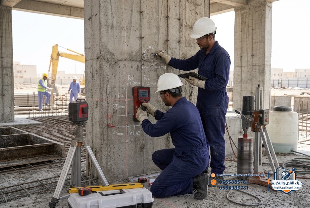 فحص منطقة التخريم وتجهيز فتحات التمديدات في الخرسانة بالقنفذة