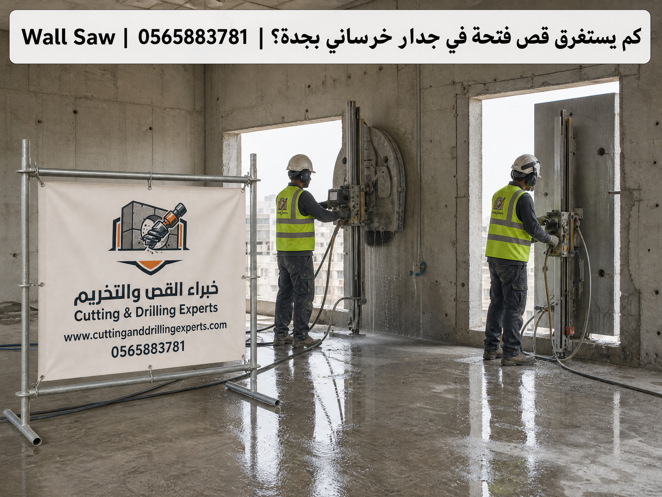 قص فتحة في جدار خرساني بجدة باستخدام Wall Saw لتنفيذ فتحات الأبواب والنوافذ بدقة عالية