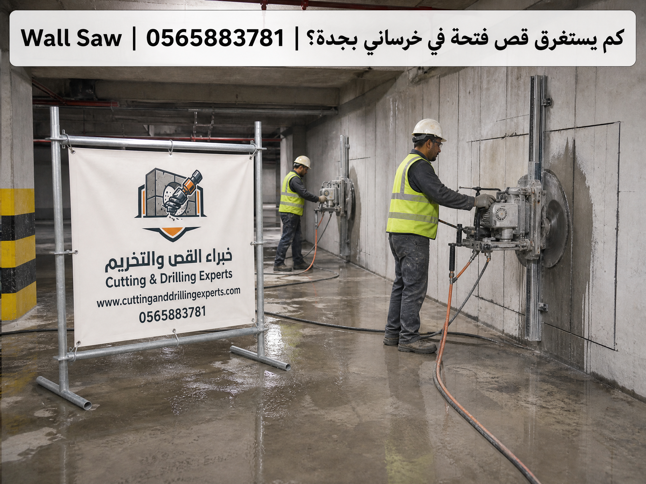 تنفيذ قص فتحات الأبواب والنوافذ في الجدران الخرسانية بجدة باستخدام Wall Saw مع مراعاة سماكة الجدار وحديد التسليح