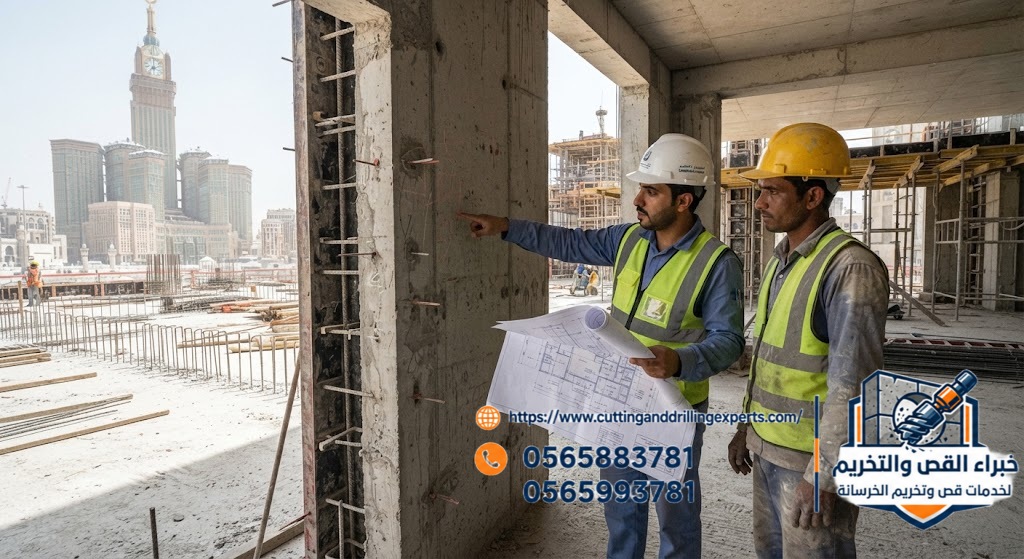 مراجعة موقع الفتحة في الخرسانة قبل التخريم بمكة المكرمة