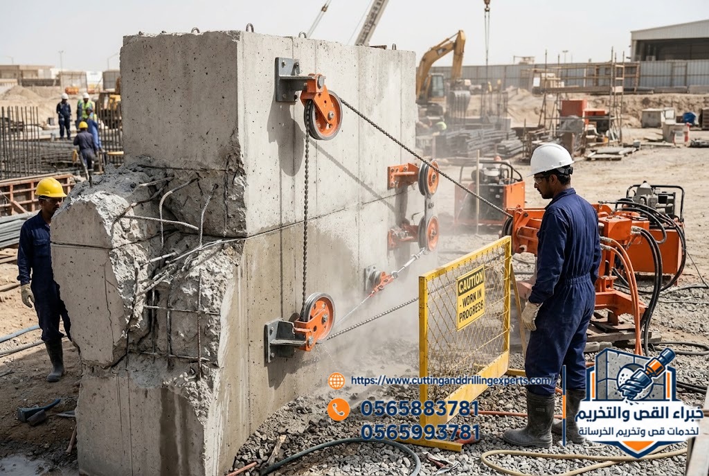 تنفيذ قص الخرسانة المسلحة بالواير الماسي وفصل الأجزاء الخرسانية بالقنفذة